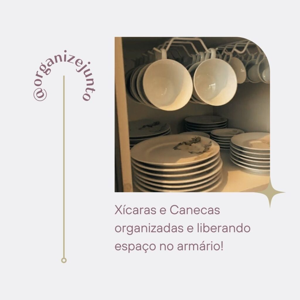 Organizar xícaras no armário de cozinha usando ganchos