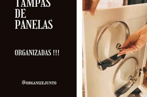 Organizar tampas de panelas no armário usando suporte adesivo