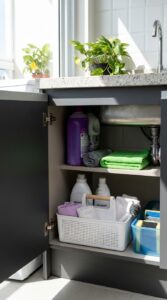 Leia mais sobre o artigo Organizar produtos de limpeza na lavanderia: cesto com alça prático